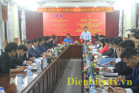 Toàn cảnh buổi hội thảo giữa đoàn ĐBQH, HĐND tỉnh Điện Biên với đoàn ĐBQH, HĐND tỉnh Phông Sa Ly