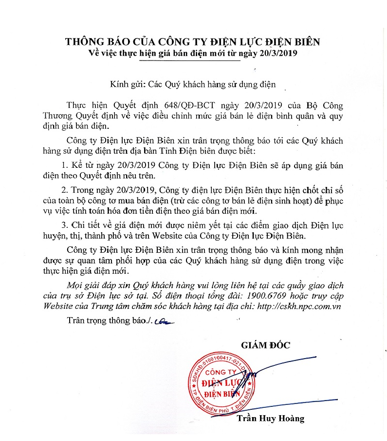 Thông báo của Công ty Điện lực Điện Biên về 