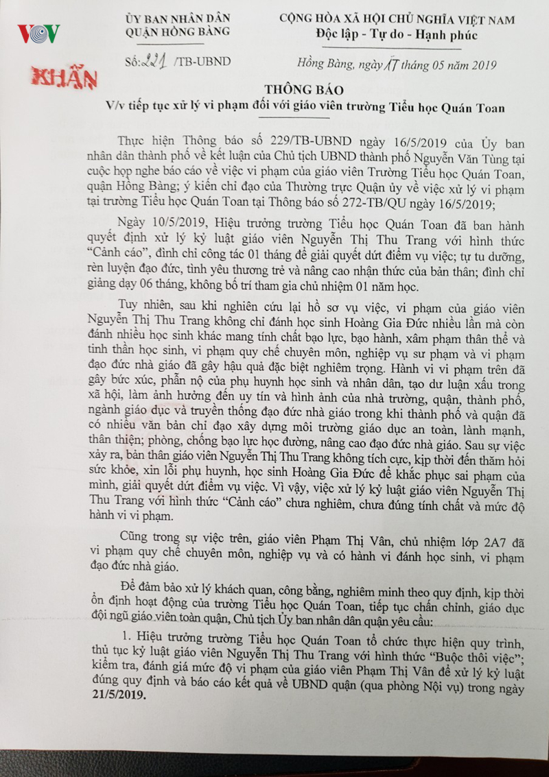 Thông báo do Chủ tịch UBND quận Hồng Bàng, thành phố Hải Phòng ký về vụ việc của cô giáo Nguyễn Thị Thu Trang.